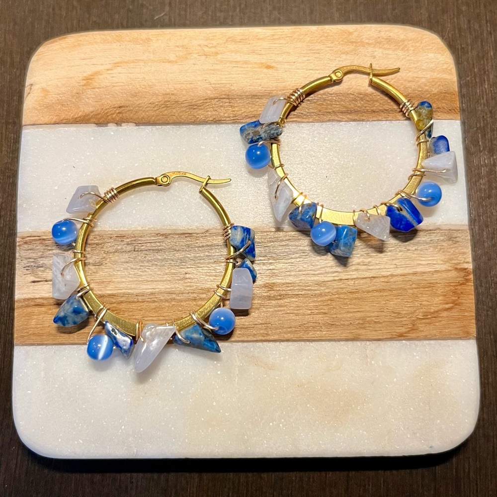 Handcrafted Gold and Blue Stainless Steel Hoop Earrings